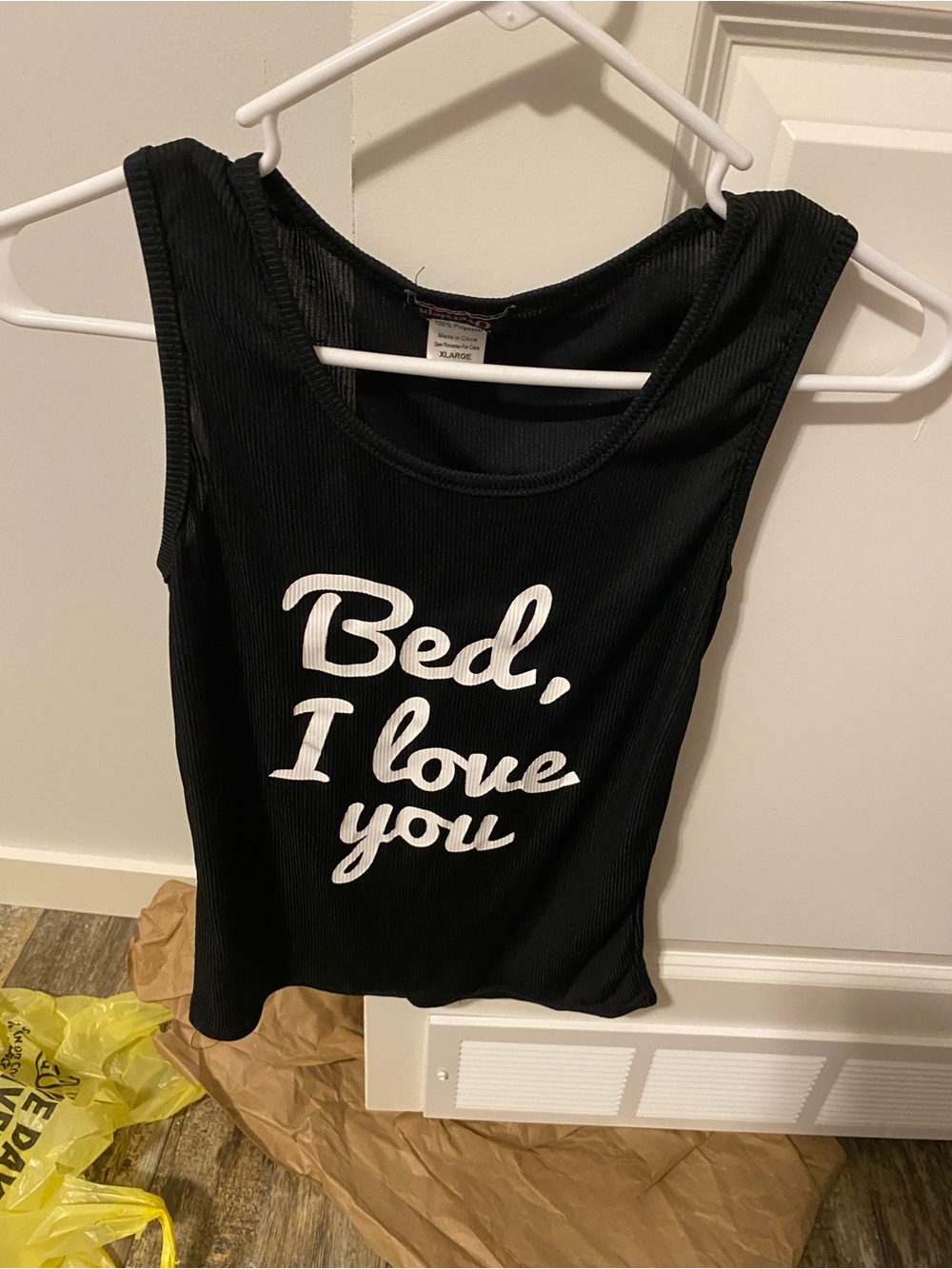 Black Ribbed Tank with "Bed, I love you" White Script